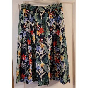 Tropical print large-pleated midi skirt
